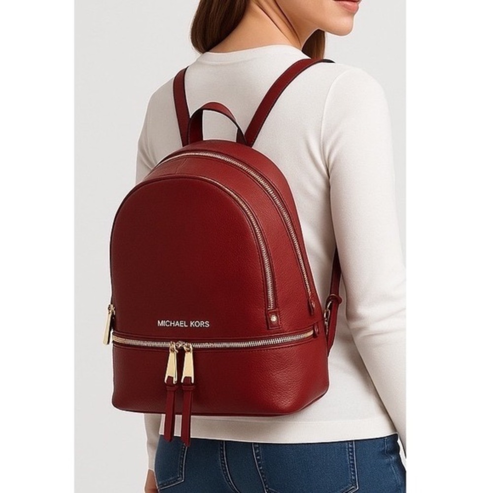 Michael Kors Rhea Medium Pebbled Leather Backpack Burgundy Gold Hardware 37-08